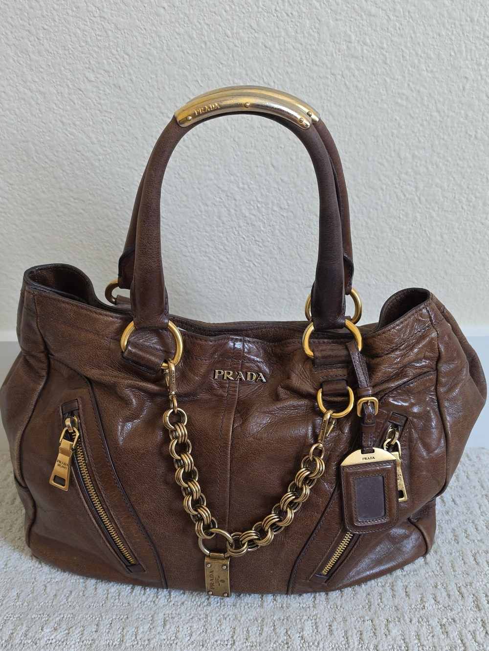Prada Brown Leather Shoulder Bag with Gold Hardware